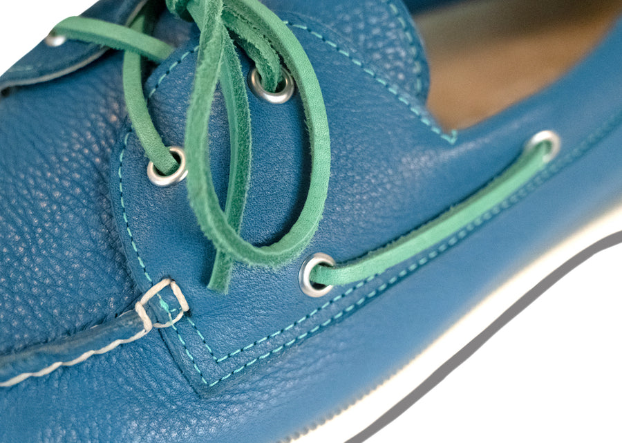 pebbled blue leather boat shoes detail