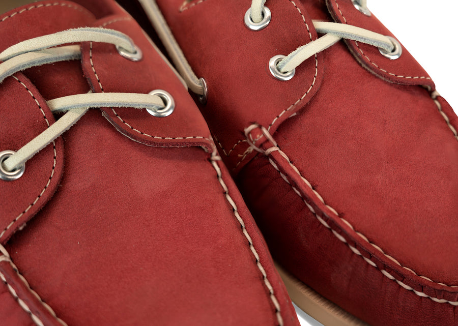 salmon red boat shoes detail