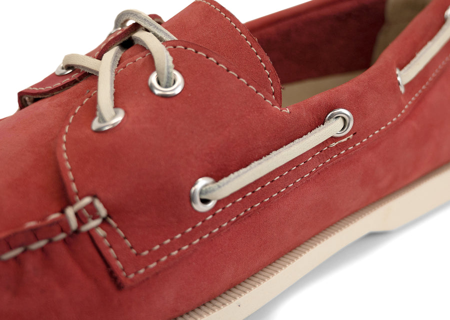 salmon red boat shoes detail 1