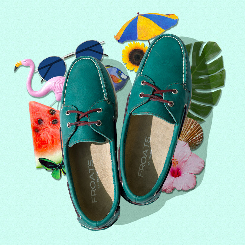 turquoise boat shoes collage