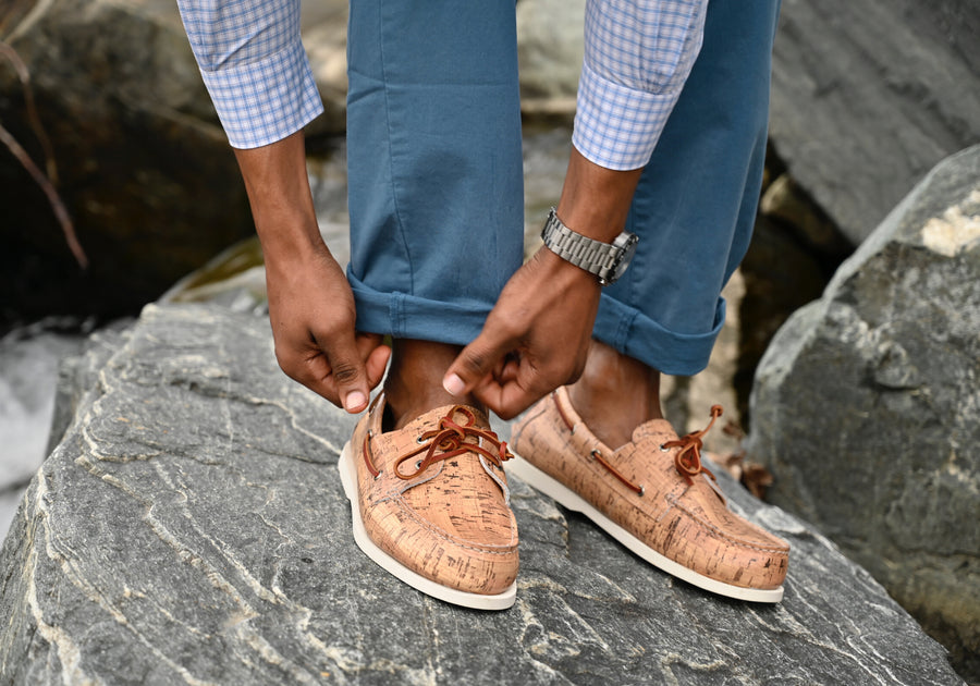 cork pattern leather boat shoes lifestyle