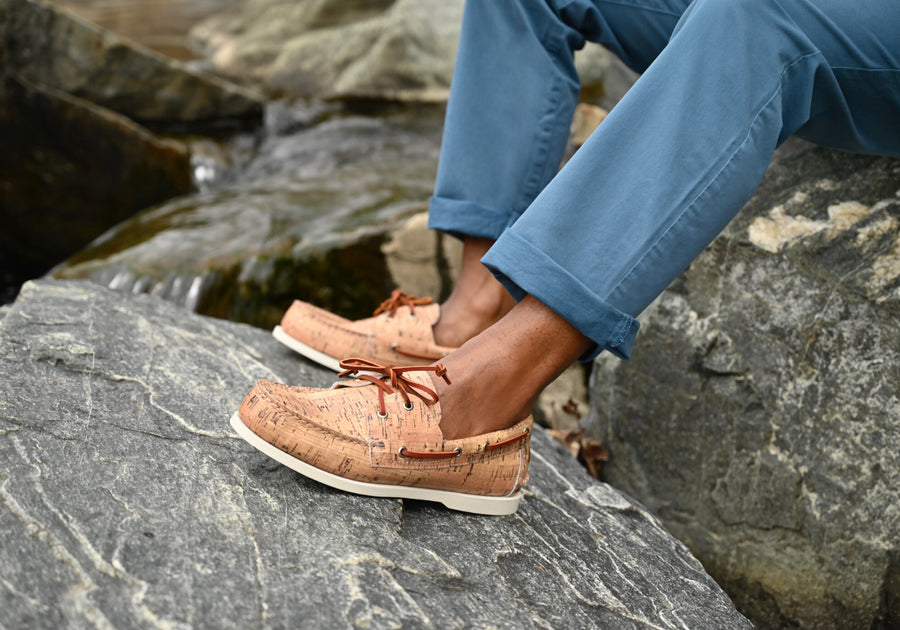 cork pattern leather boat shoes lifestyle 1