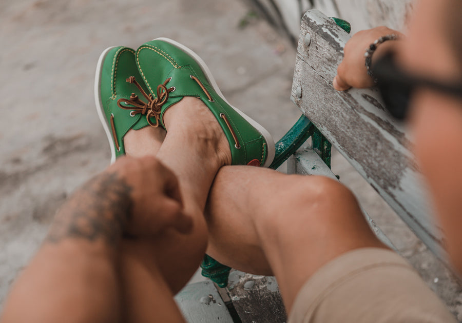 kelly green leather boat shoes lifestyle