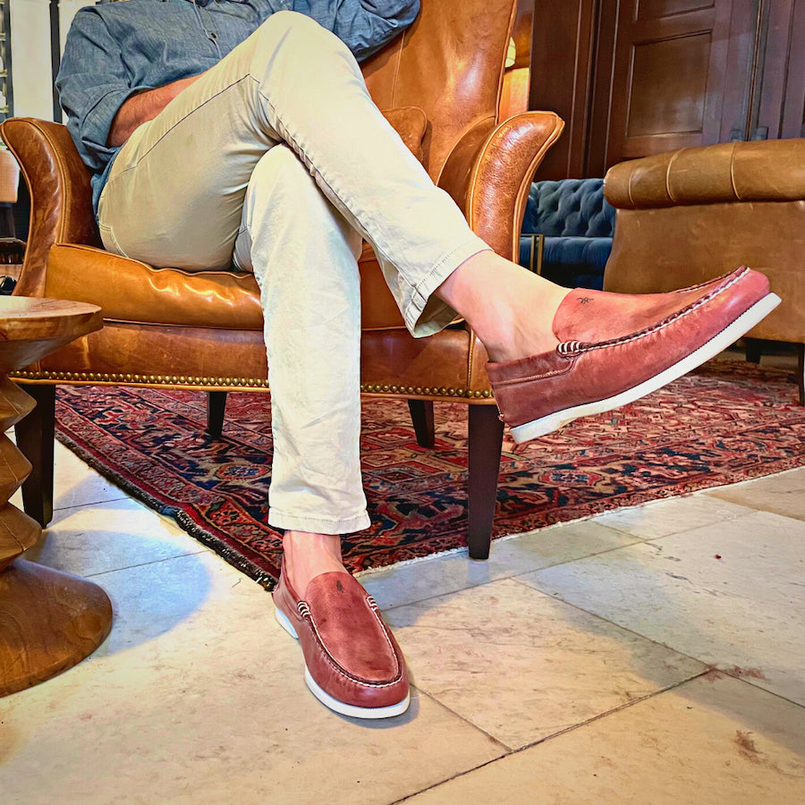 crimson red venetian loafers lifestyle