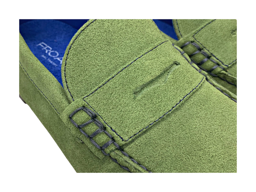 green penny loafers detail