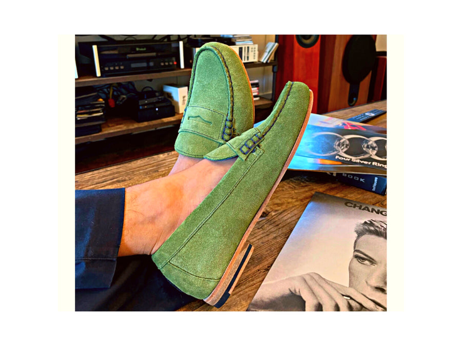 green penny loafers lifestyle