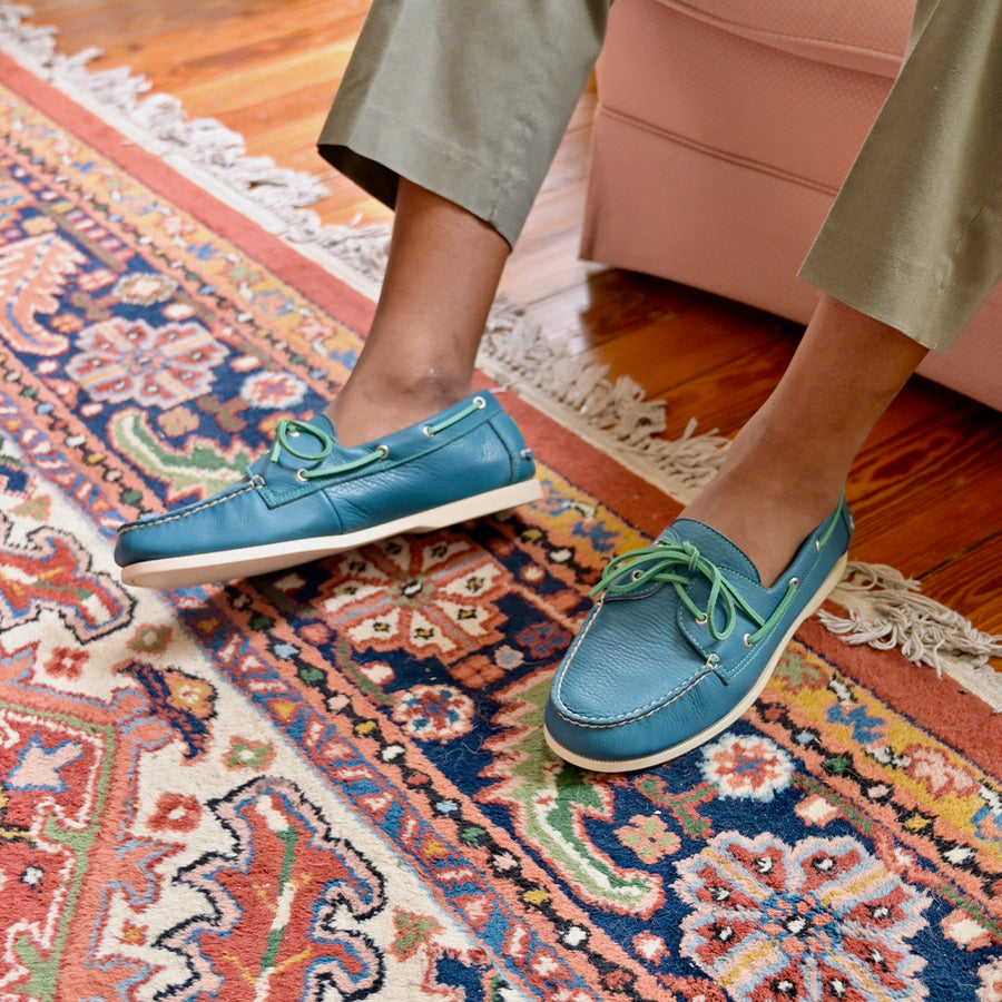 pebbled blue leather boat shoes lifestyle