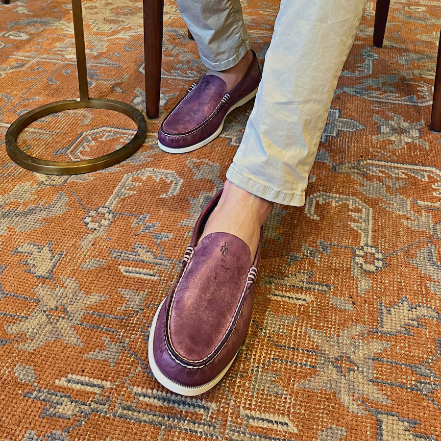 purple venetian loafers lifestyle