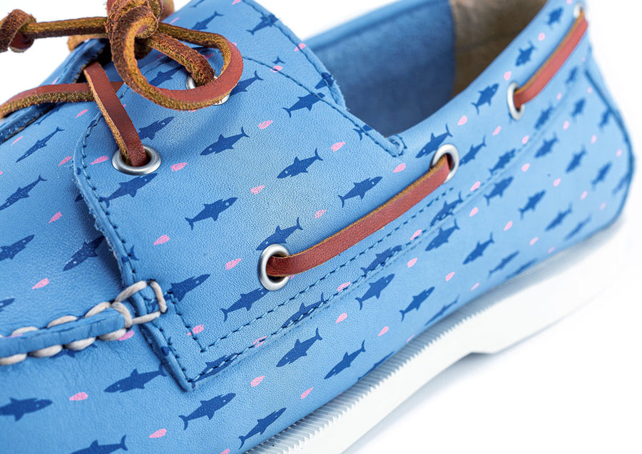 blue leather boat shoes detail