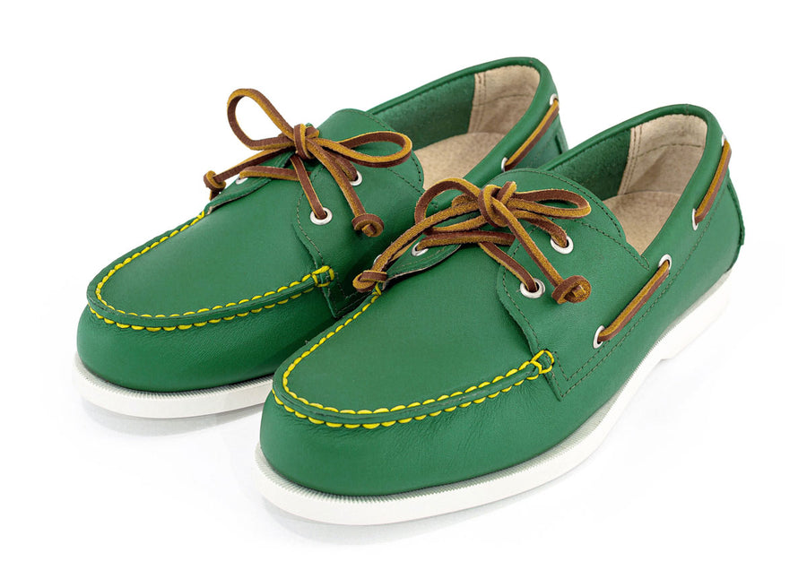 kelly green leather boat shoes pair