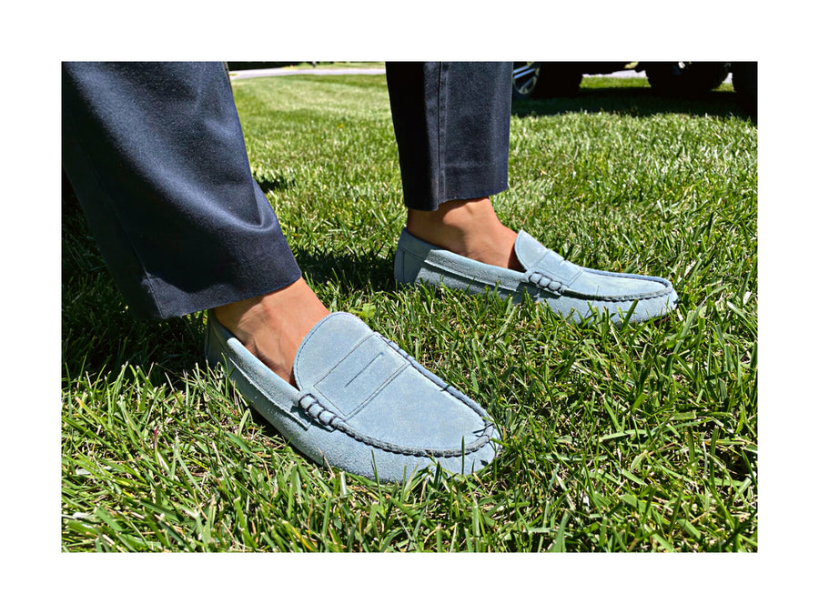 light blue penny loafers lifestyle